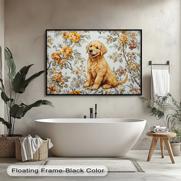 Smiling Golden Retriever Puppy with Vintage Floral Backdrop - Canvas Print - MyPhotoStation