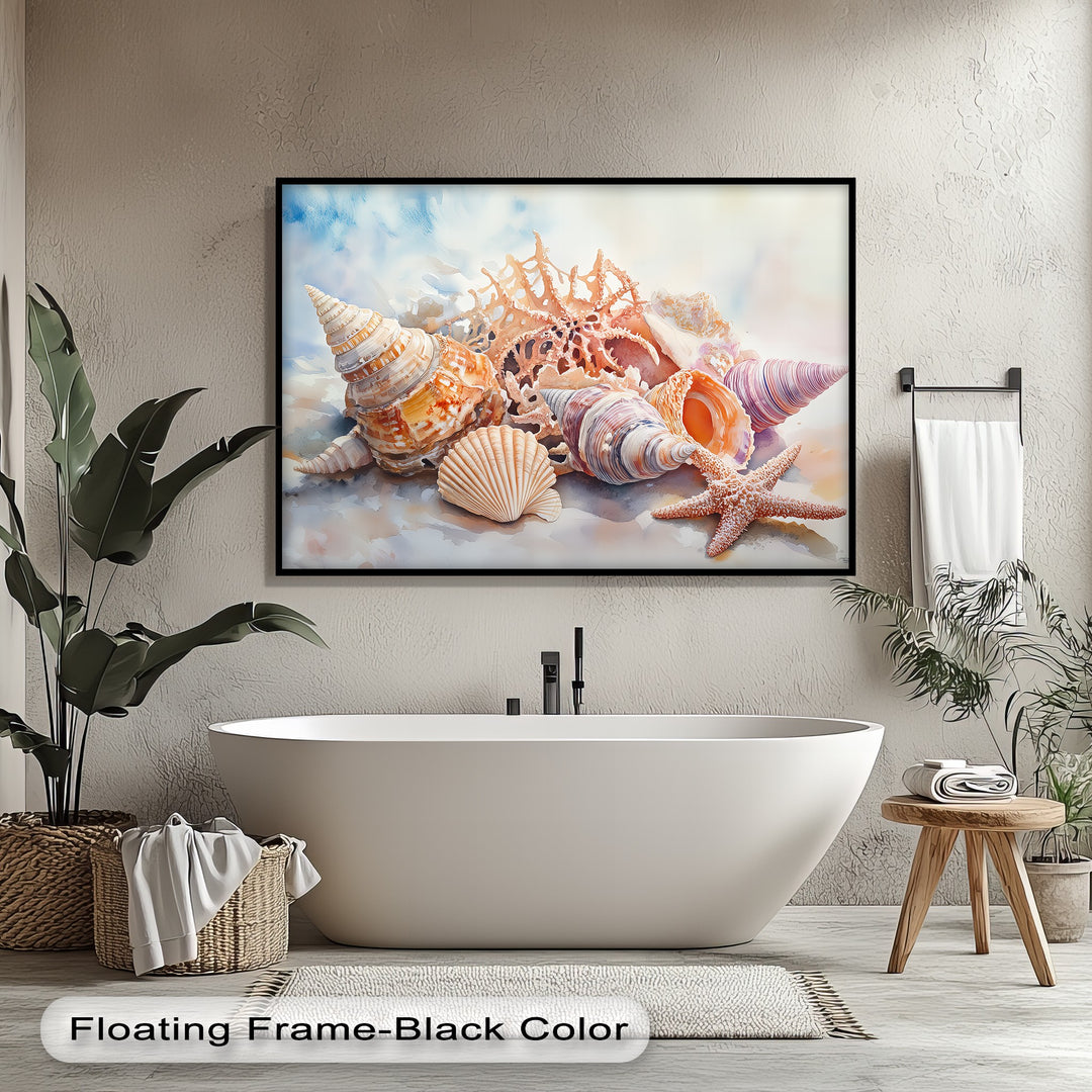 Transform your walls into a tranquil retreat with this seashell and starfish design, a vibrant canvas print ideal for beach-inspired decor.


