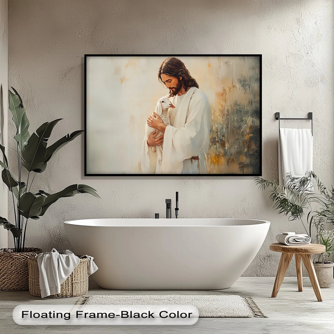 Emotional faith-inspired painting – Jesus holding a lamb gently.

