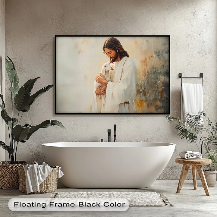 Emotional faith-inspired painting – Jesus holding a lamb gently.

