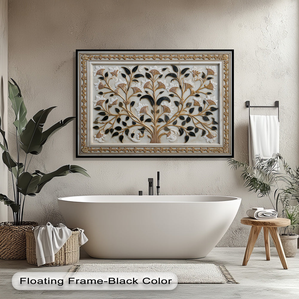 The black rectangular floating frame elegantly encloses a structured, ornate botanical best canvas prints design with repeating floral ornaments.