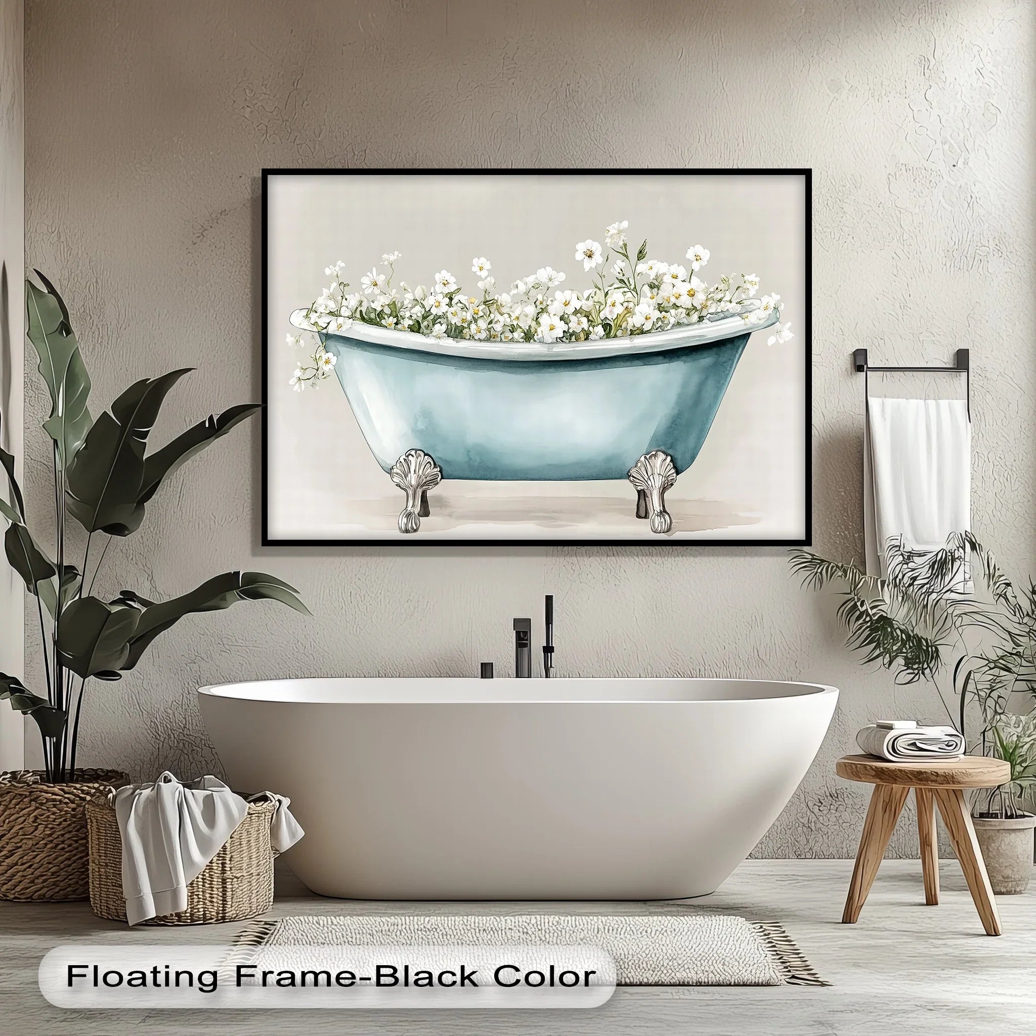 Undulating curves define the Blooming Bath canvas wall art, depicting a vintage bathtub brimming with soft, white floral forms, embodying natural elegance.