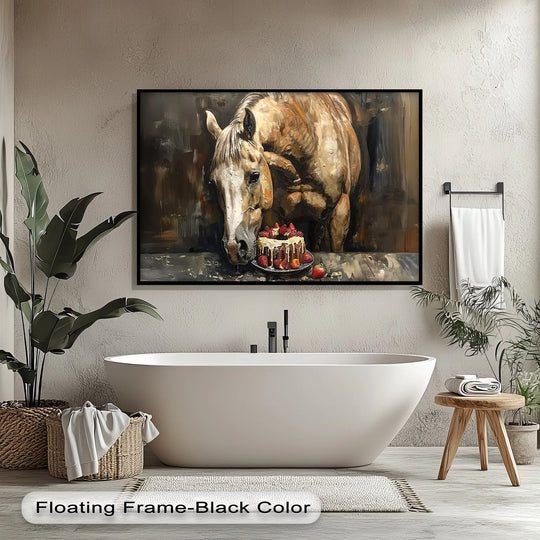 Foreground detail showcases the Sweet Tooth Stallion canvas wall art, a humorous animal canvas print featuring a horse enjoying a strawberry cake.