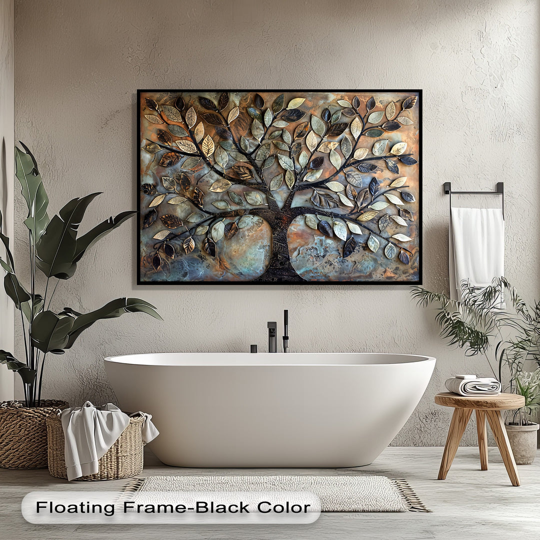 The layering effect of this Tree of Life framed canvas showcases intricate, sculpted leaves in a rich, dimensional botanical wall art piece.