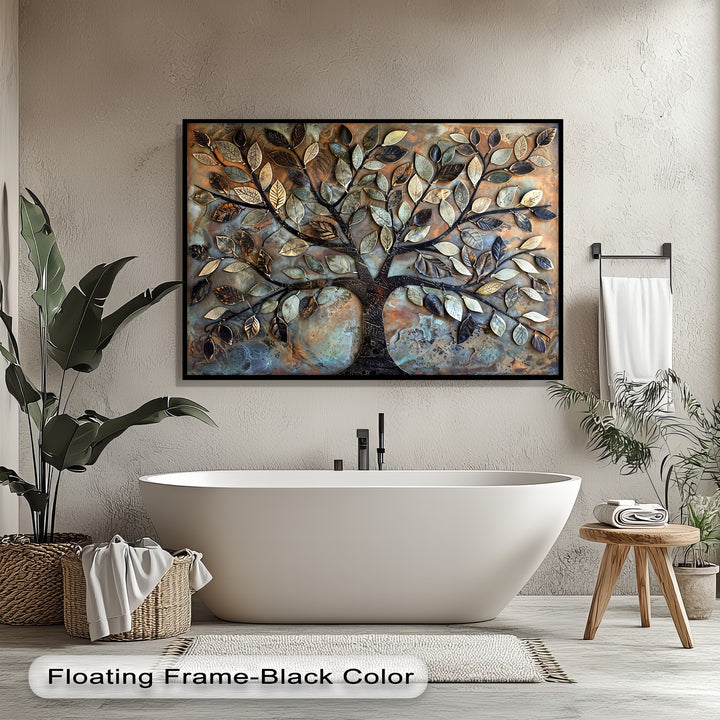 The layering effect of this Tree of Life framed canvas showcases intricate, sculpted leaves in a rich, dimensional botanical wall art piece.