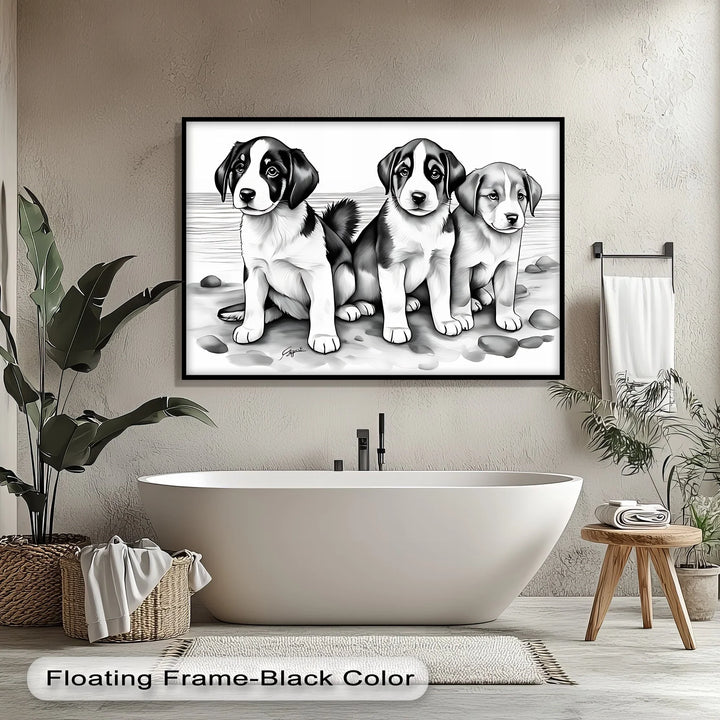 Seaside Trio – Monochrome Puppy Portrait at the Shore Canvas Print - MyPhotoStation