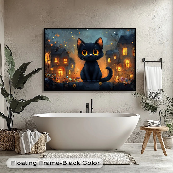 Big-Eyed Black Kitten in a Halloween Town - Cat Canvas Print - MyPhotoStation