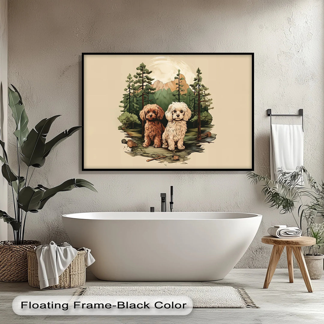 Wilderness Companions – Two Puppies in Forest Mountain Scene Canvas Print - MyPhotoStation