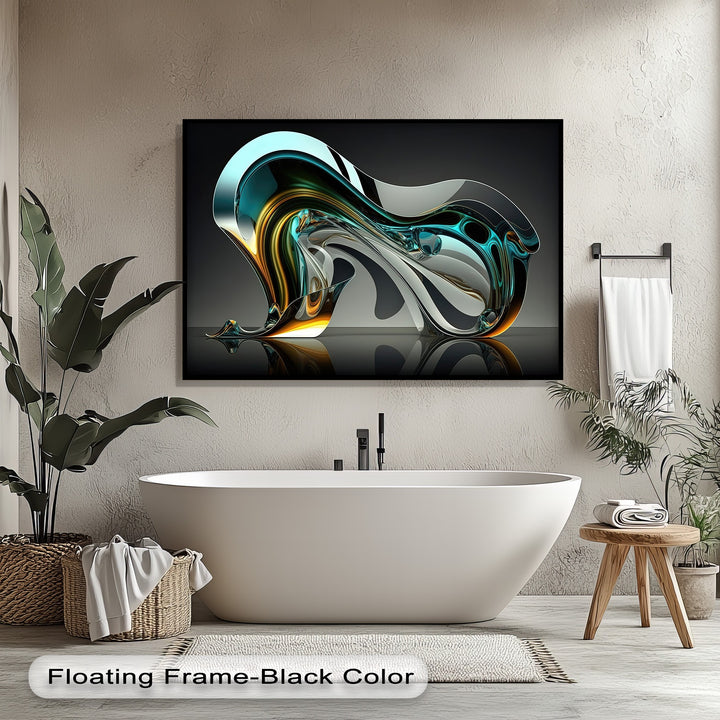 The visual rhythm of this abstract Aqua Glass Flow wall art features dynamic aqua and gold forms on a high quality canvas print.