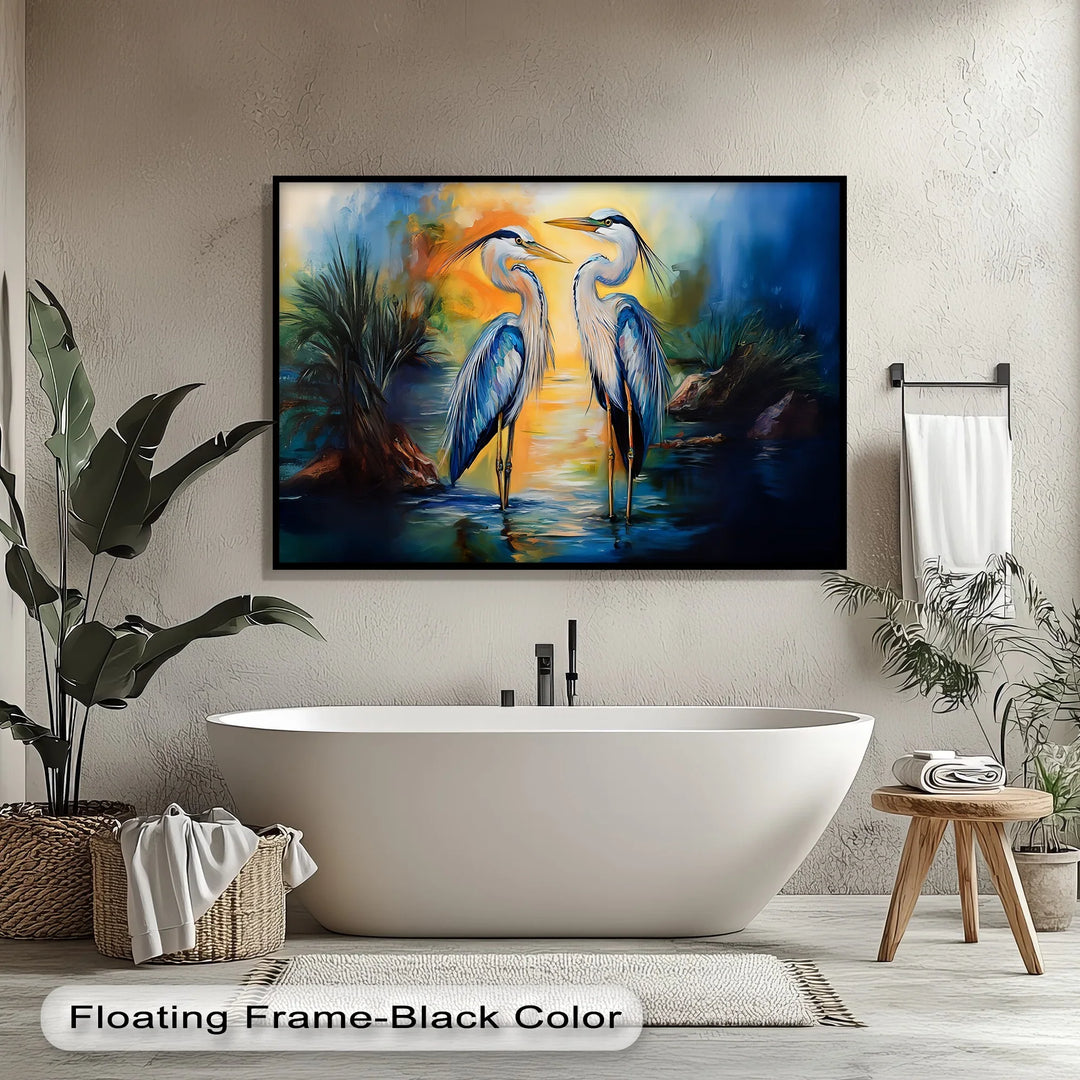 Twin Grace – Elegant Blue Herons at Sunset Canvas Wall Art - MyPhotoStation