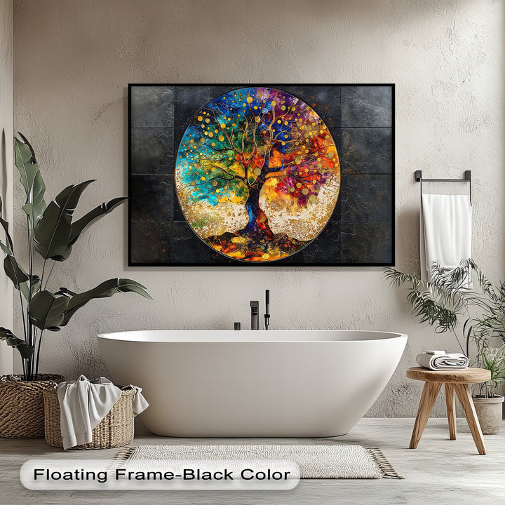 The central subject is a vibrant, multicolored tree depicted in a round abstract hanging canvas with gilded details and a black frame.