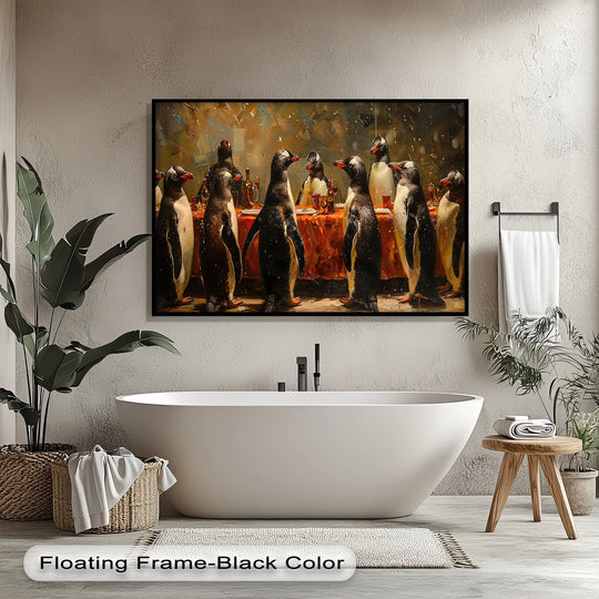 Layered depth is showcased in this whimsical animal penguin banquet canvas wall art, presenting a humorous scene with striking dimension.