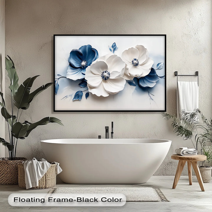 Blue Serenity Blooms – White and Navy Floral Canvas Wall Art - MyPhotoStation
