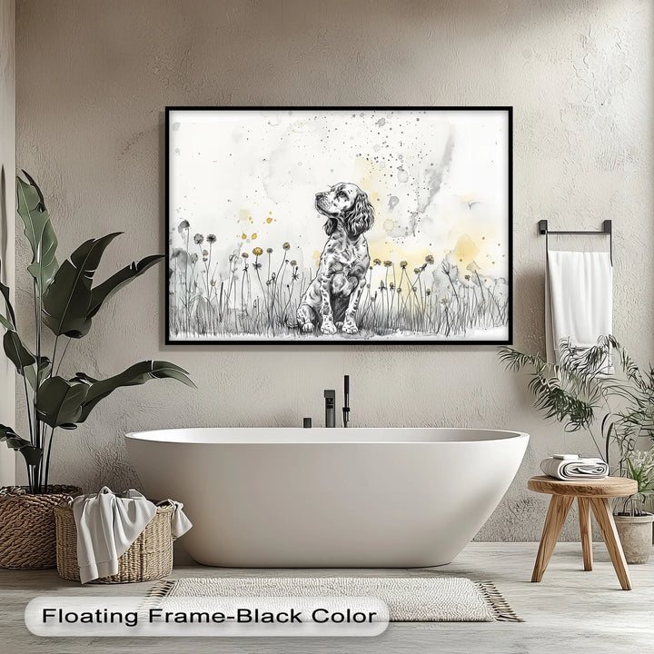 Gentle Wonder – Ink Sketch Puppy in Dandelion Meadow Canvas Print - MyPhotoStation