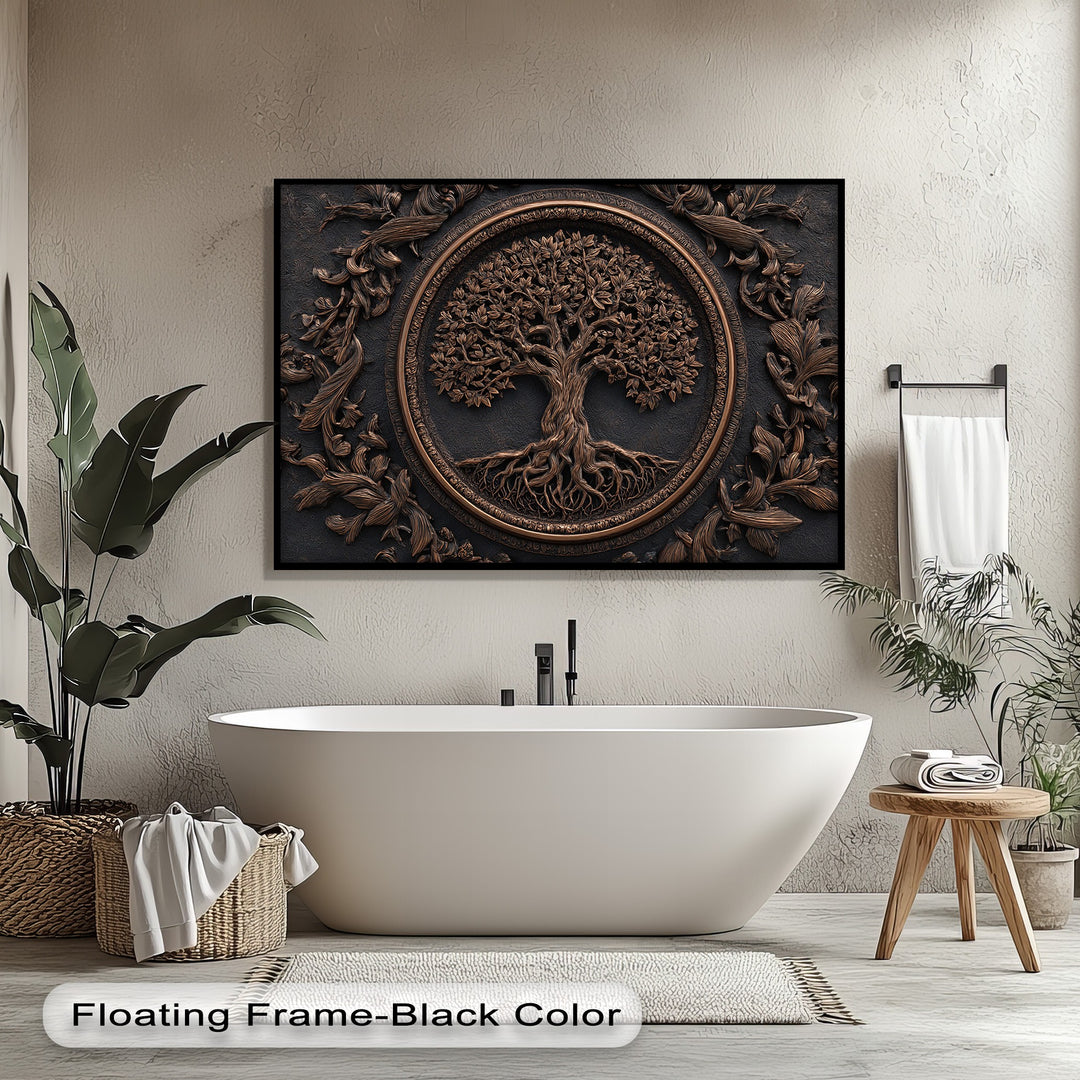 The central subject is an intricately carved bronze Tree of Life with deep roots and an ornate frame, a striking example of canvas art prints.