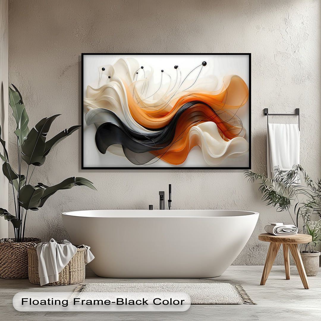 Organic, flowing ribbon-like forms in orange, black, cream, and beige create a modern abstract wave pattern on this premium canvas decor.