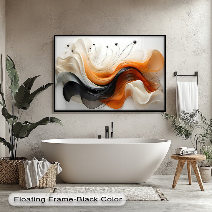 Organic, flowing ribbon-like forms in orange, black, cream, and beige create a modern abstract wave pattern on this premium canvas decor.