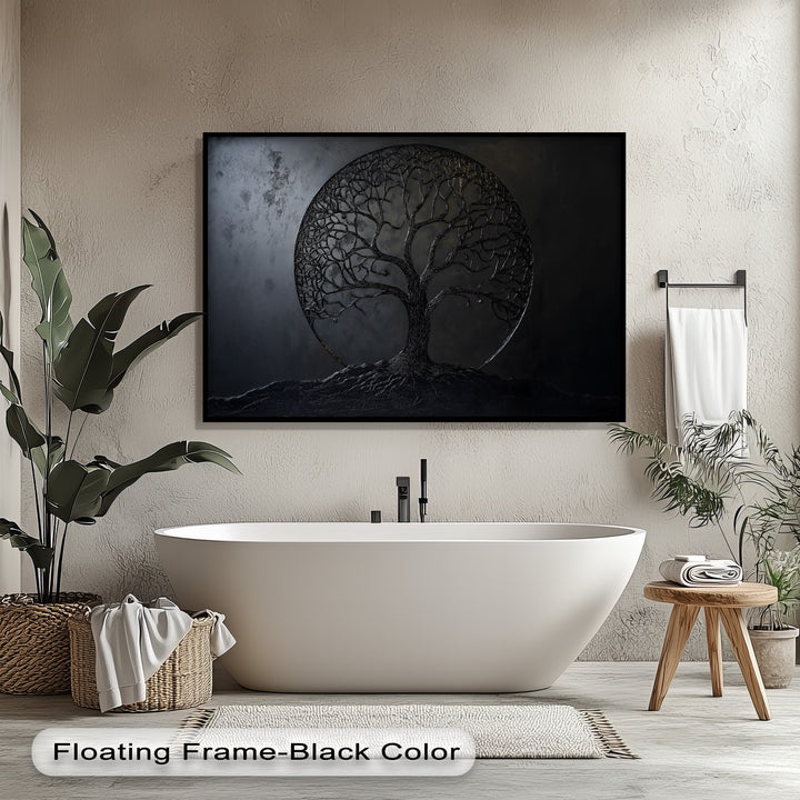 A striking black tree of life canvas artwork with intricate branches and exposed roots set against a dark, minimalist circular background.