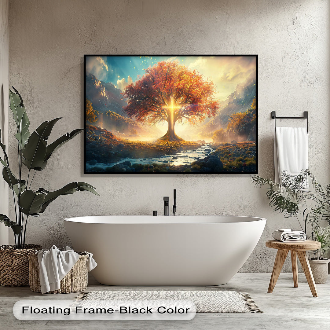 The darkest area, a sleek black floating frame, strikingly accents vibrant canvas art featuring a radiant autumn tree.