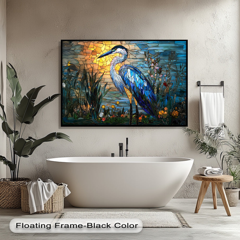 The background of this exquisite canvas art depicts a radiant stained glass style sunset casting warm orange and yellow light.