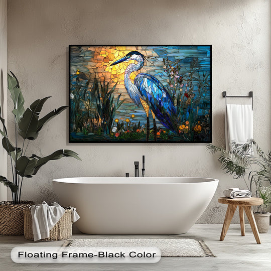 The background of this exquisite canvas art depicts a radiant stained glass style sunset casting warm orange and yellow light.
