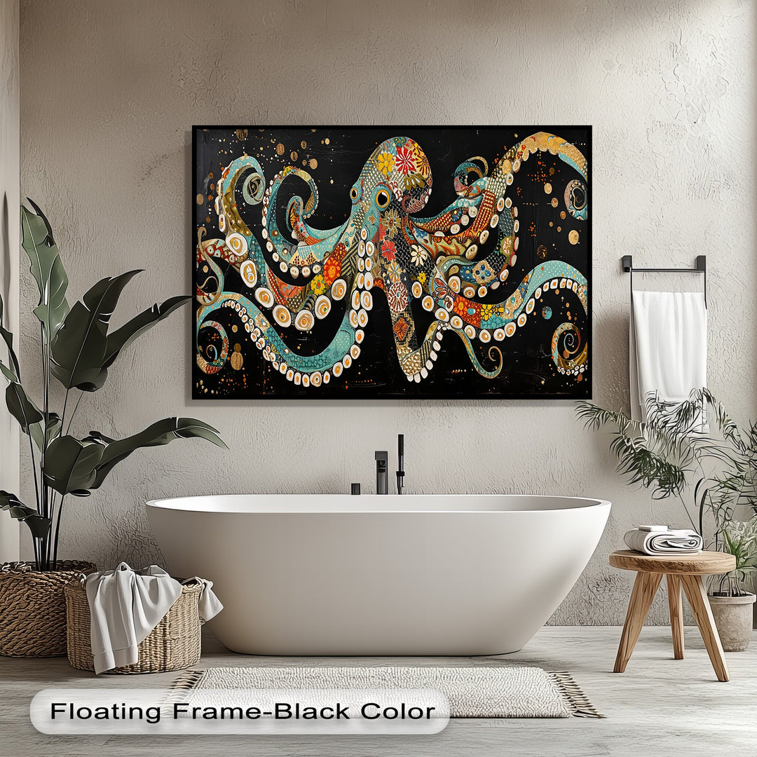 This premium canvas wall art features a vibrant mosaic octopus, expertly printed to reveal rich textures within its sleek black floating frame.
