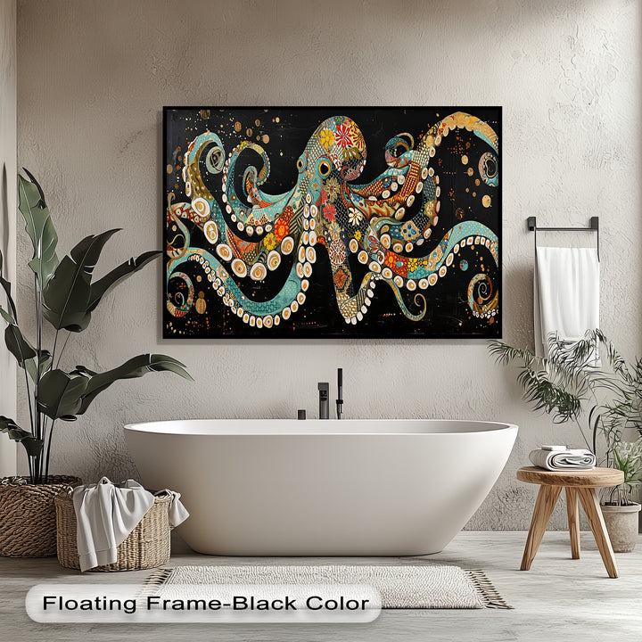 This premium canvas wall art features a vibrant mosaic octopus, expertly printed to reveal rich textures within its sleek black floating frame.