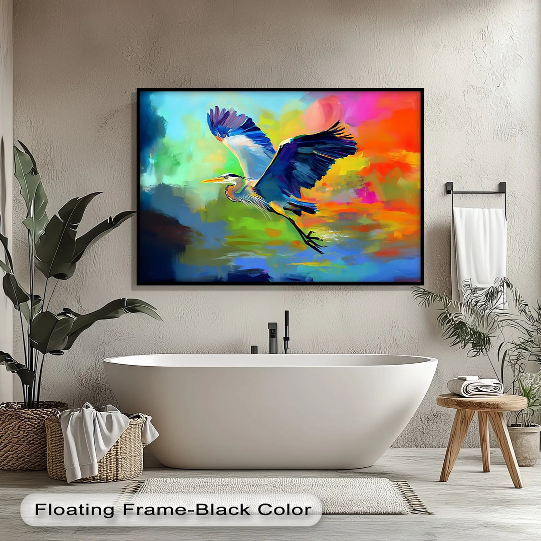 Flight of Radiance – Blue Heron in Vibrant Skies Canvas Print - MyPhotoStation