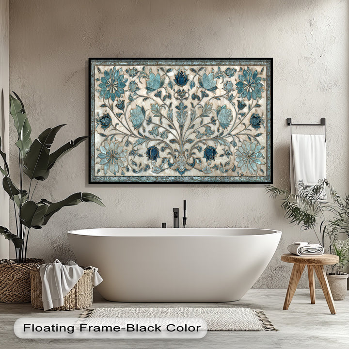 The deep black floating frame encompassing the elegant blue floral ornament framed canvas print provides a striking contrast.