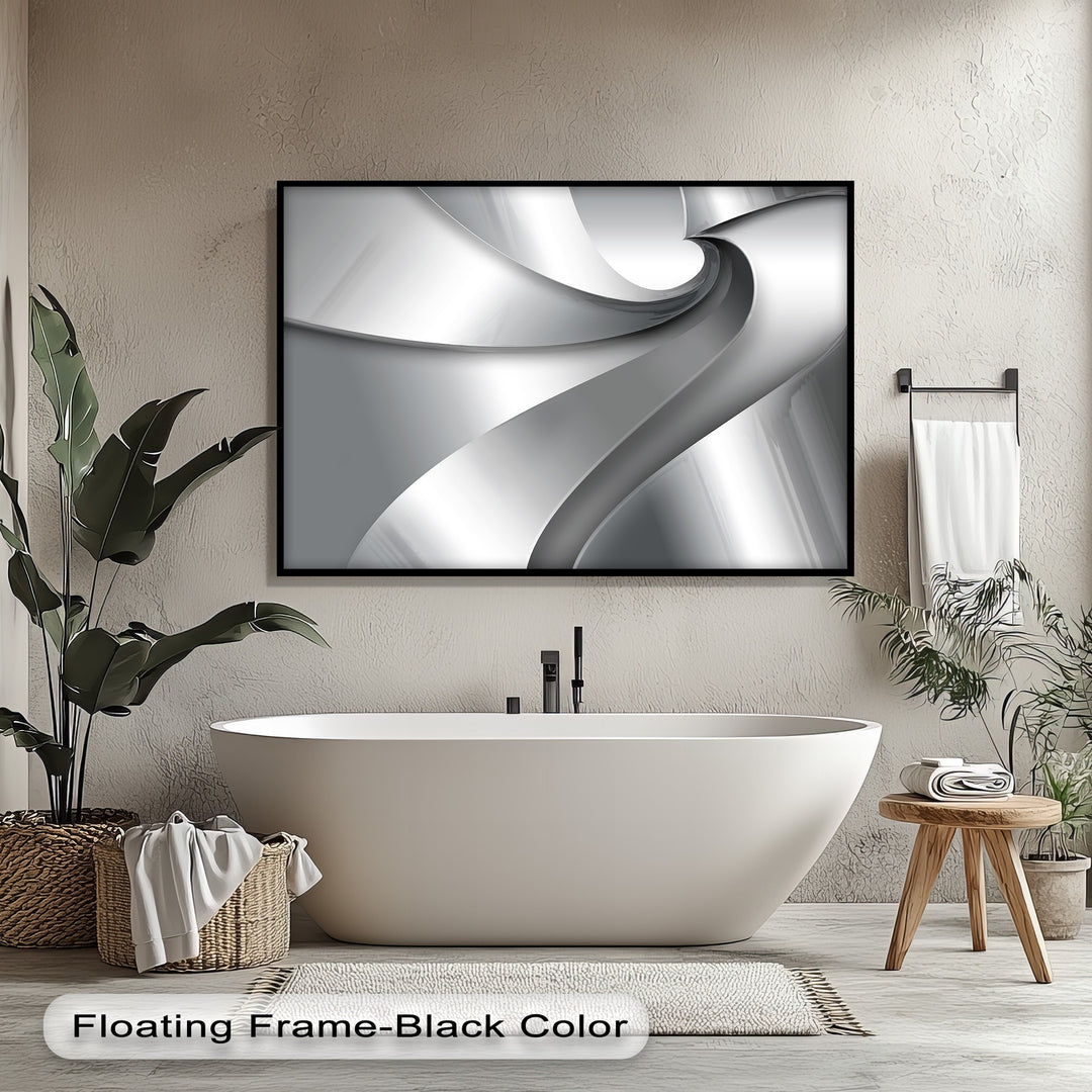 Foreground details include a large plant in a basket, a white tub, and a stool, beautifully framing the Silver Flow canvas painting.