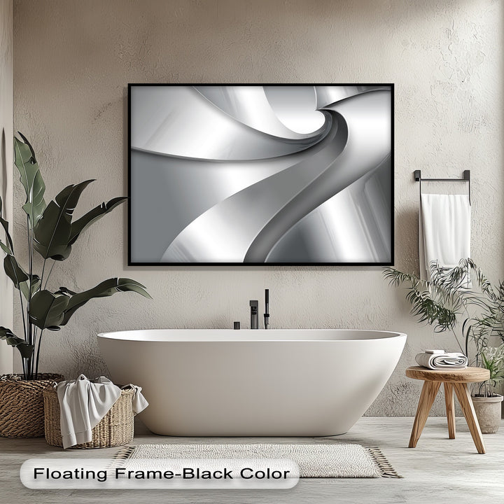 Foreground details include a large plant in a basket, a white tub, and a stool, beautifully framing the Silver Flow canvas painting.