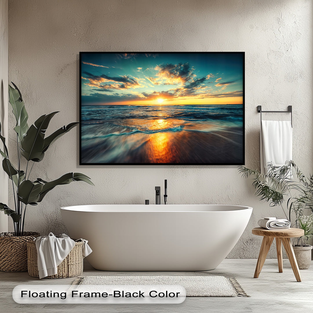 Dynamic crashing waves with streaks of golden light reflecting on the wet sand create a powerful sense of movement in this ocean sunset hanging canvas.