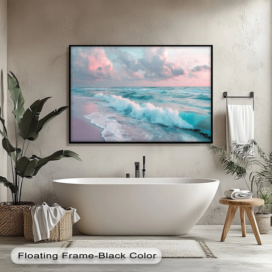 A foreground view shows a plush white rug beneath a freestanding bathtub, enhancing the inviting atmosphere of this premium canvas decor featuring ocean waves.