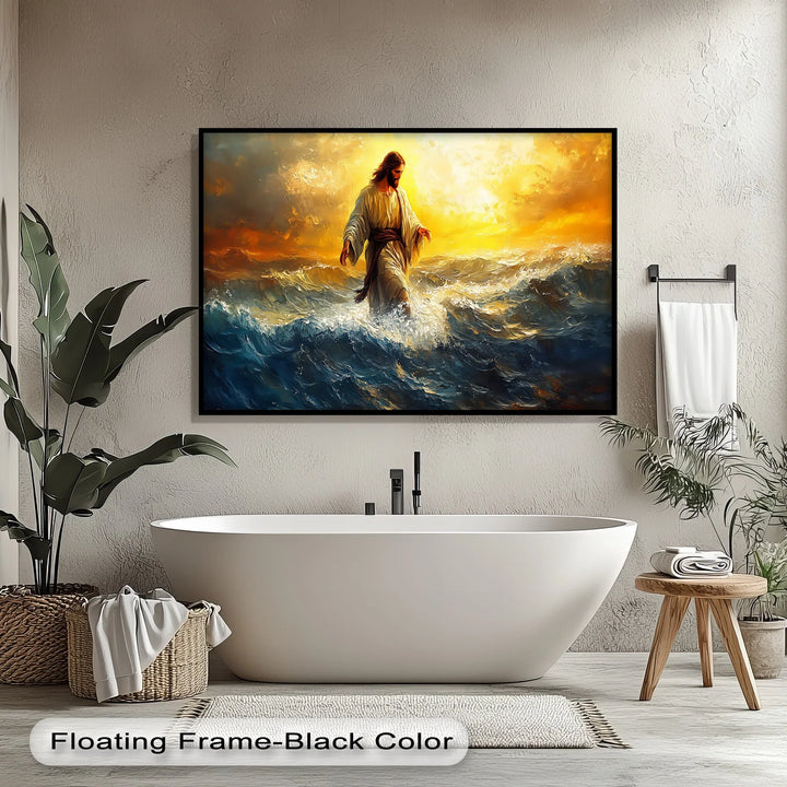 Powerful Bible miracle artwork – Jesus on water at dawn.

