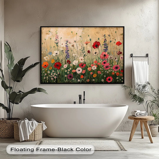 Evoking the abstract quality, this wildflower symphony canvas painting captures a field of colorful florals as an impressionistic meadow in an explosion of vibrant hues.