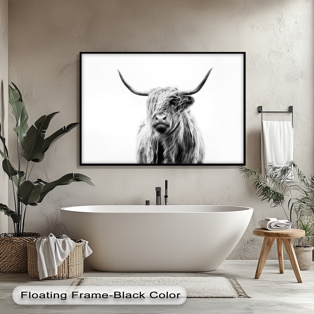 With depth and layers, a Highland Cow canvas print hangs behind a sleek white tub and rich foreground foliage, making it one of the best canvas prints.