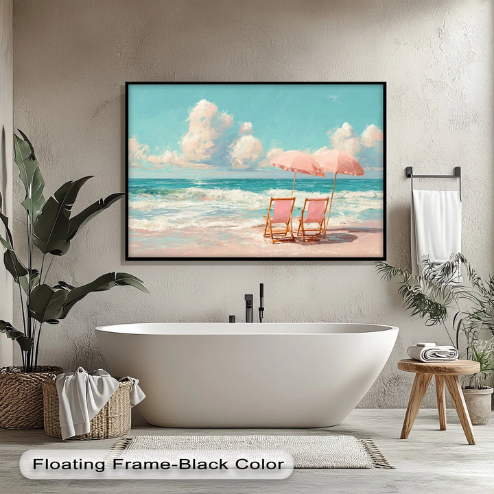 Serene Beach Escape with Pink Umbrellas – Seaside Canvas Print - MyPhotoStation