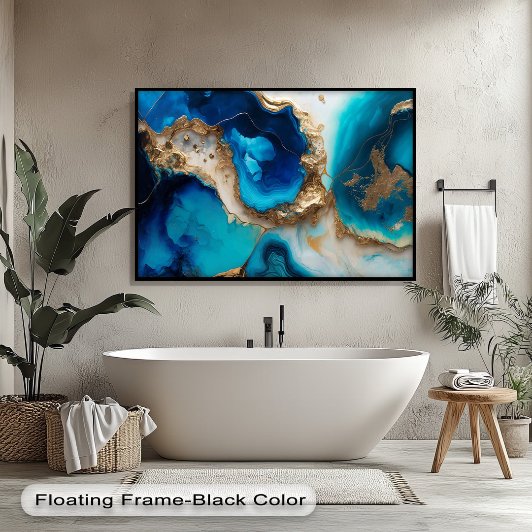 Swirling deep blues and shimmering golds evoke a dynamic flow across the hanging canvas, creating a sense of powerful ocean movement.