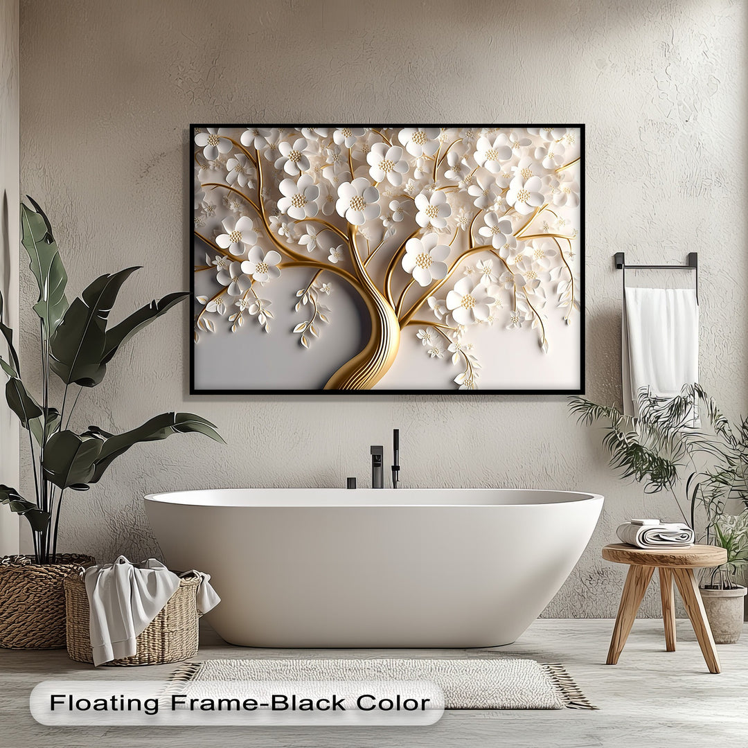 The darkest area, the sleek black frame, distinctively showcases the vibrant white blossom tree canvas art with its elegant gold floral wall art.