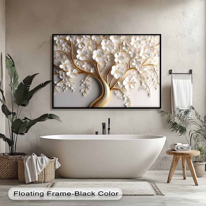 The darkest area, the sleek black frame, distinctively showcases the vibrant white blossom tree canvas art with its elegant gold floral wall art.