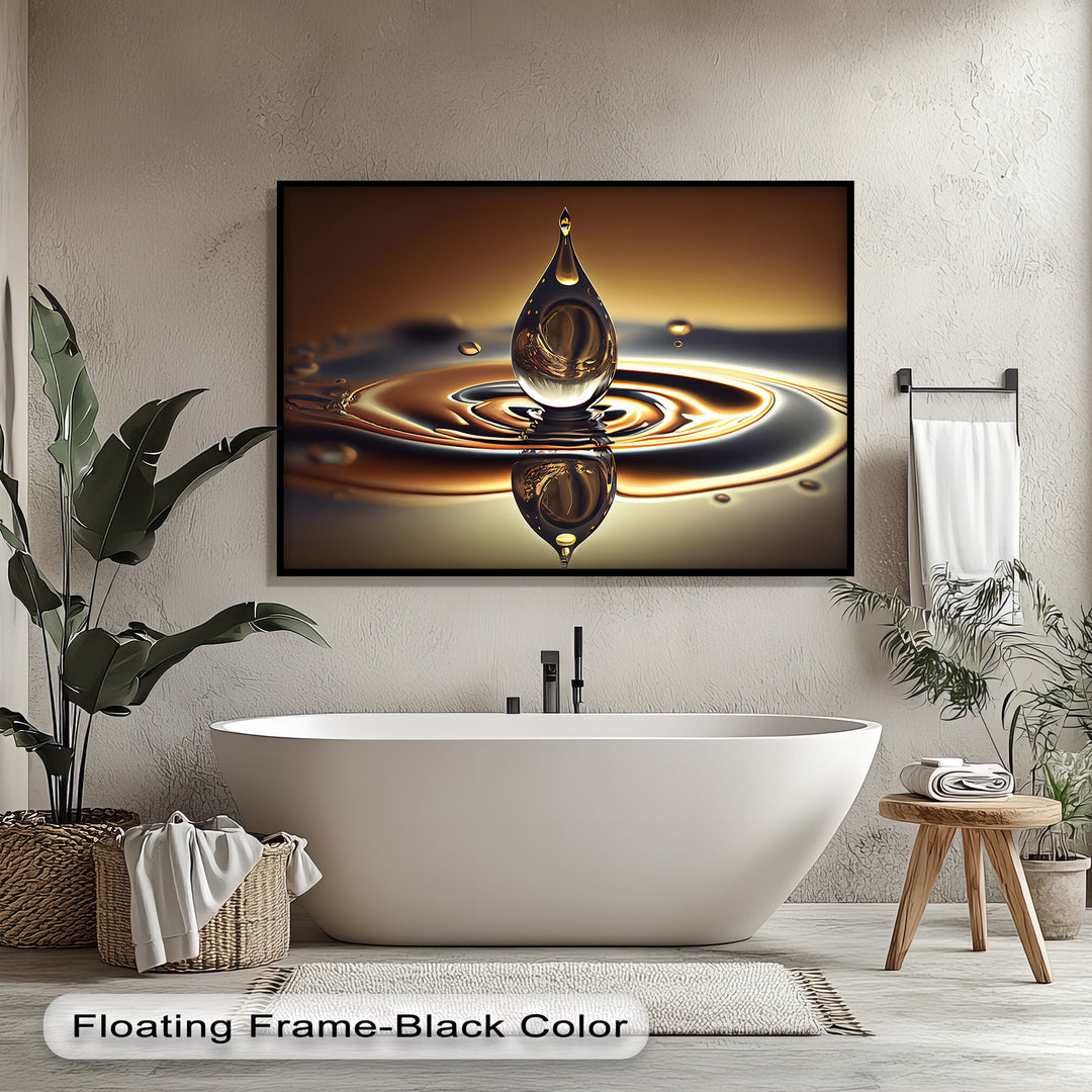 The glistening golden water drop, reflected amidst dark ripples, stands out on this best canvas prints luxury abstract ripple wall art.