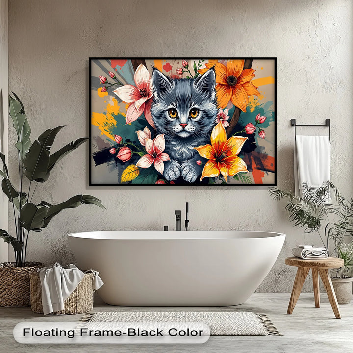 Bloom Burst – Gray Kitten with Vibrant Florals Cat Canvas Print - MyPhotoStation