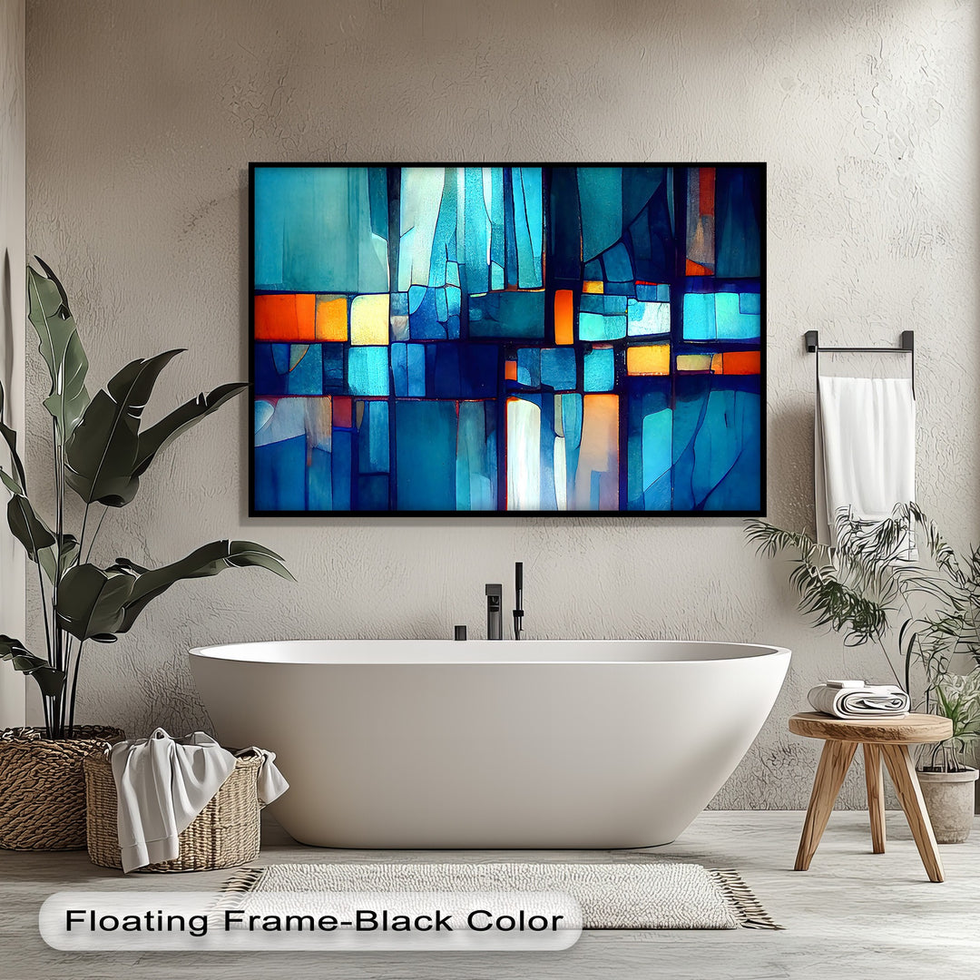 Modern geometric blocks in vibrant turquoise, navy, orange, and yellow create an abstract mosaic on this striking canvas pictures.