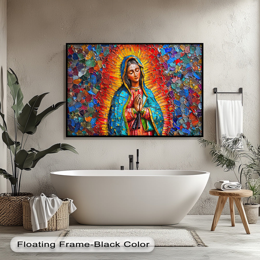 The textured finish of this Our Lady of Guadalupe framed canvas creates a vibrant, colorful mosaic religious wall art piece.