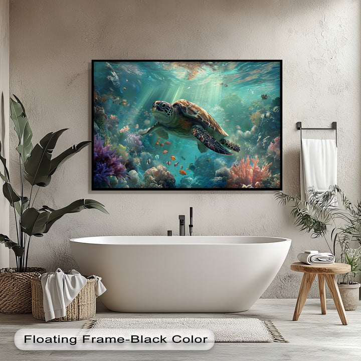 A sleek black floating frame perfectly highlights the rich, non-reflective finish of this stunning sea turtle canvas art prints.