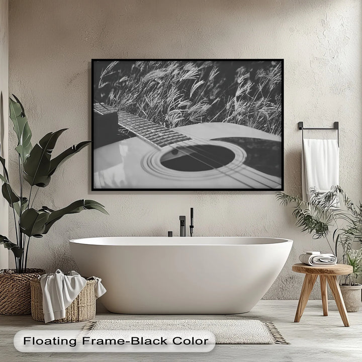Acoustic Guitar in Field – Black and White Nature Music Canvas Prints - MyPhotoStation