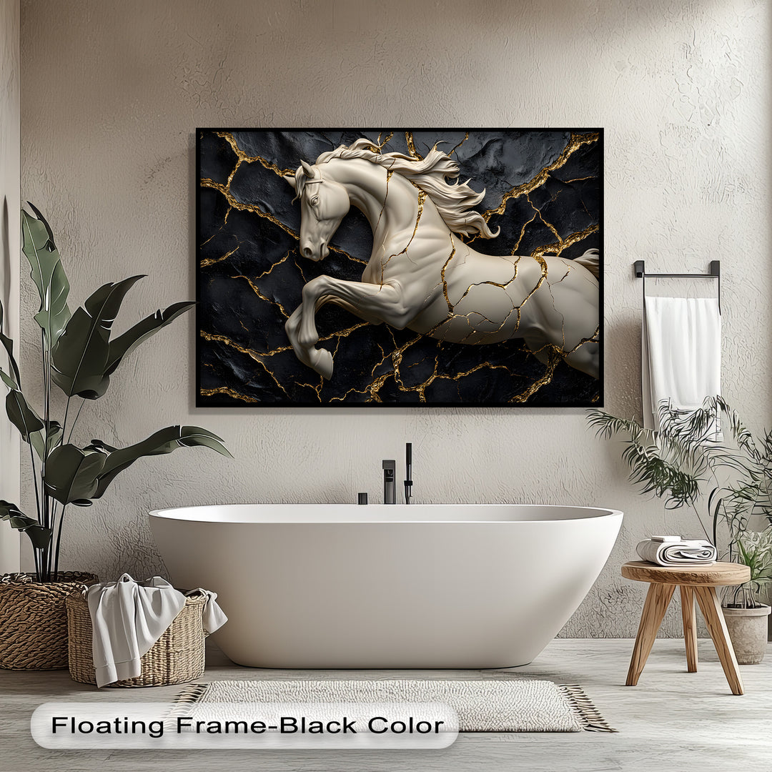 Luxurious black and gold negative space, with intricate golden cracks, vividly frames the white horse sculpture in this captivating canvas artwork.