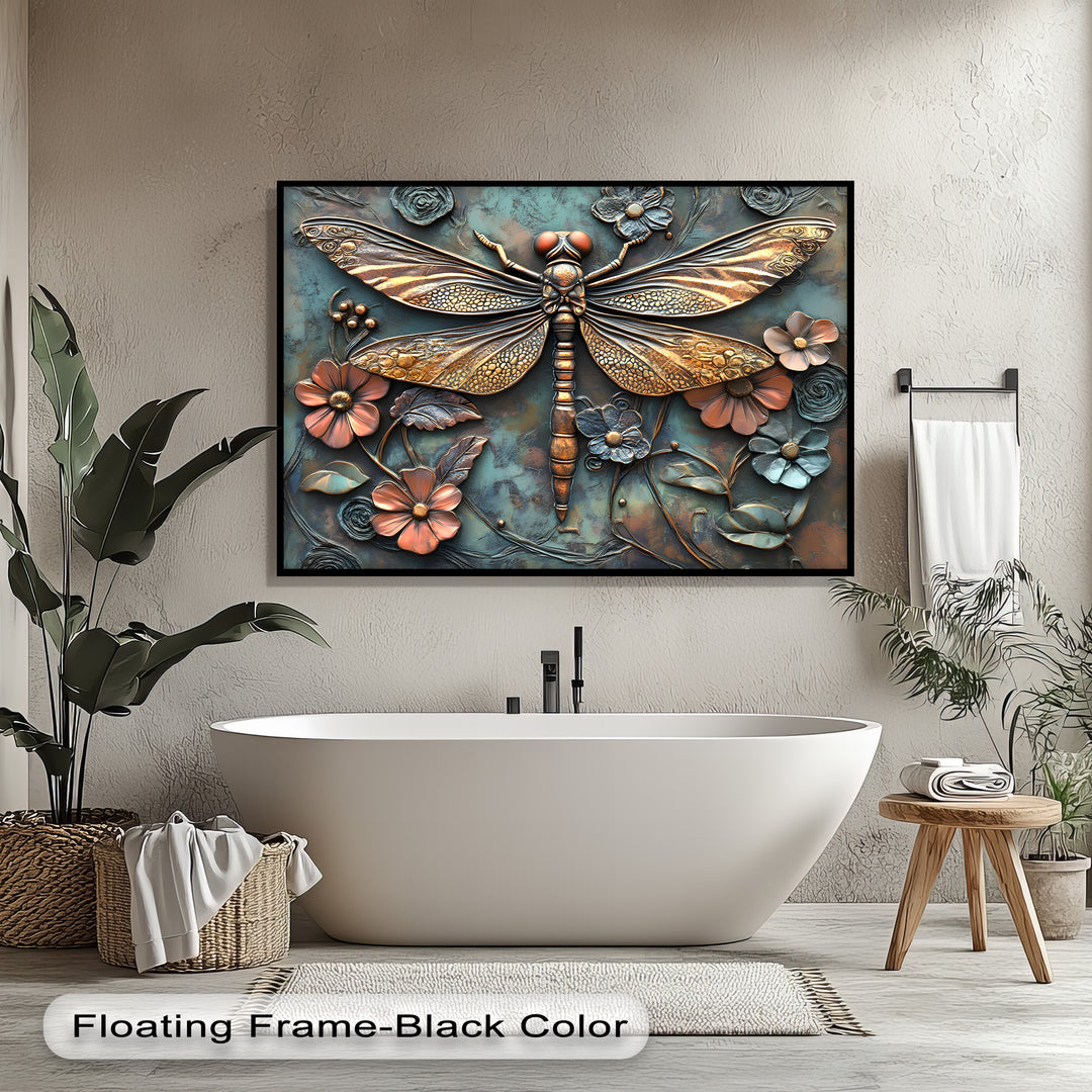 The stillness of the metallic relief dragonfly and sculptural floral elements on this 3D-style canvas wall art brings a tranquil ambiance.