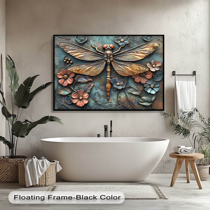 The stillness of the metallic relief dragonfly and sculptural floral elements on this 3D-style canvas wall art brings a tranquil ambiance.