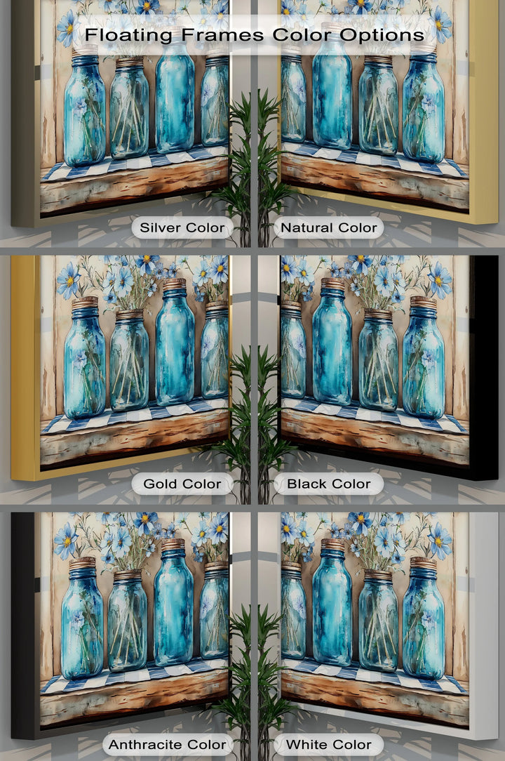 Vintage Blue Mason Jars with Wildflowers – Farmhouse Kitchen Canvas Art - MyPhotoStation